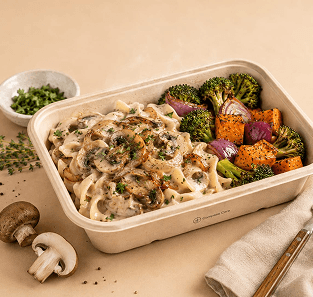 Ready to eat prepared pasta meal with broccoli and sweet potato